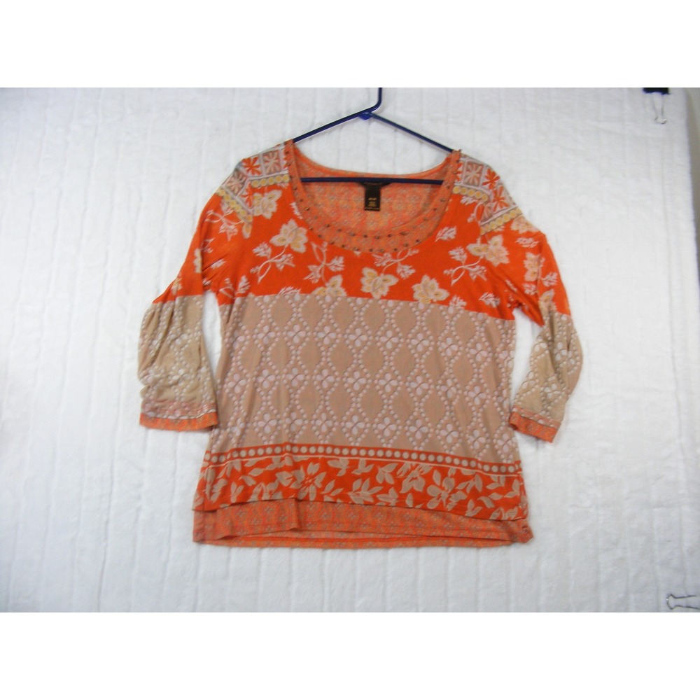 Multiples 3/4 Sleeve Top Womens Medium Orange Excellent Floral Mesh Studded